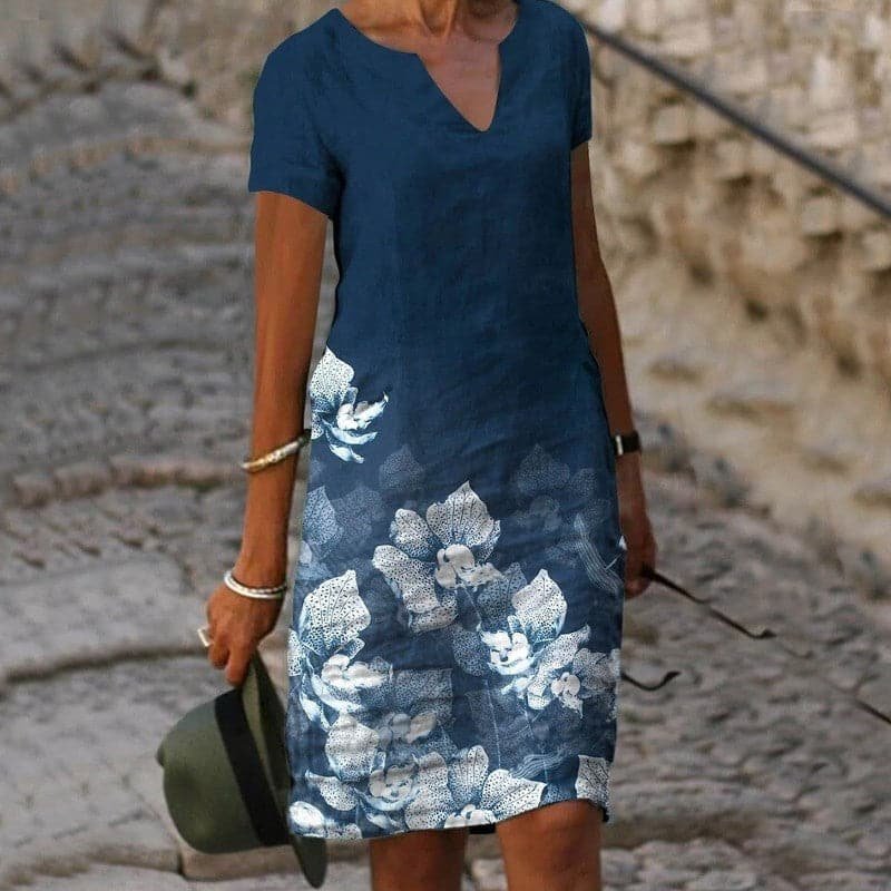 Women's Floral Hem Linen V-Neck Midi Dress