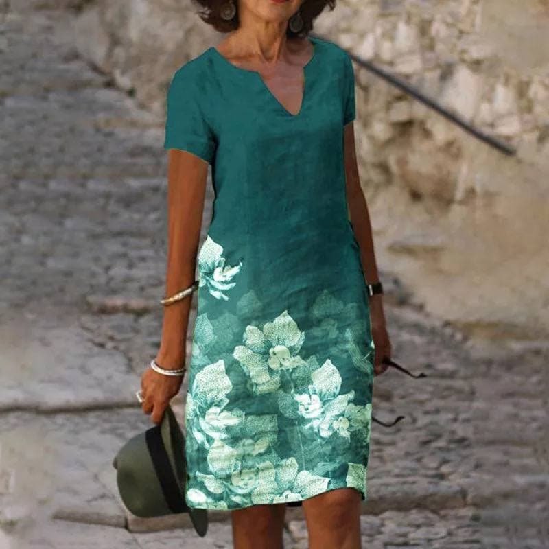 Women's Floral Hem Linen V-Neck Midi Dress