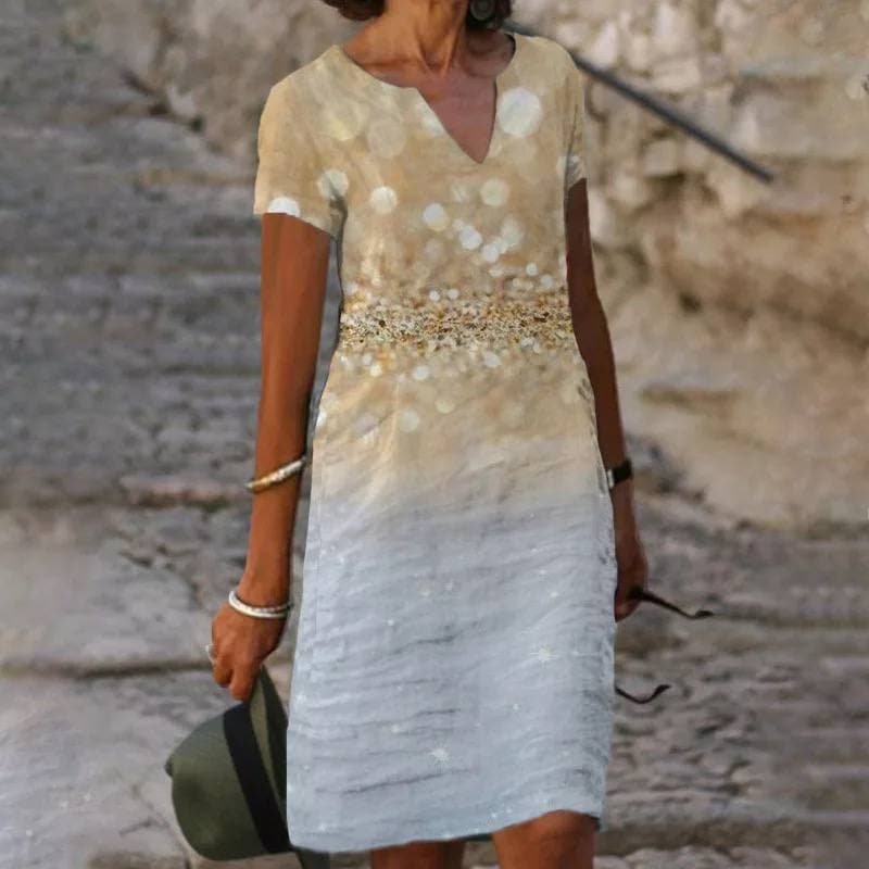 Women's Floral Hem Linen V-Neck Midi Dress