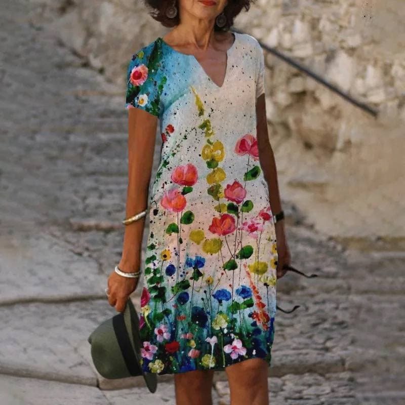 Women's Floral Hem Linen V-Neck Midi Dress