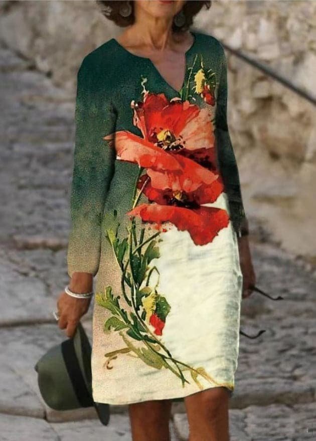 Women's Floral Hem Linen V-Neck Midi Dress