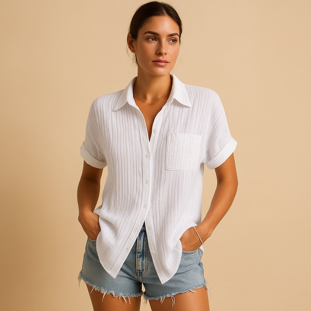 Crinkle-Textured Short Sleeve Button-Up Shirt