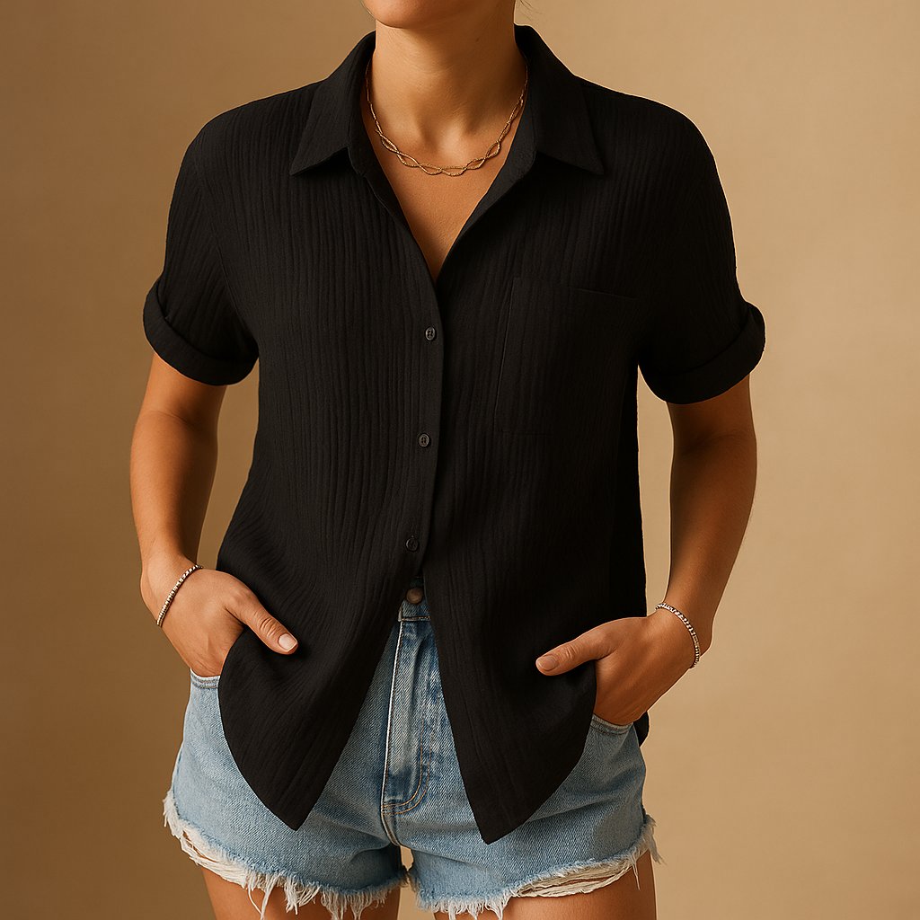 Crinkle-Textured Short Sleeve Button-Up Shirt