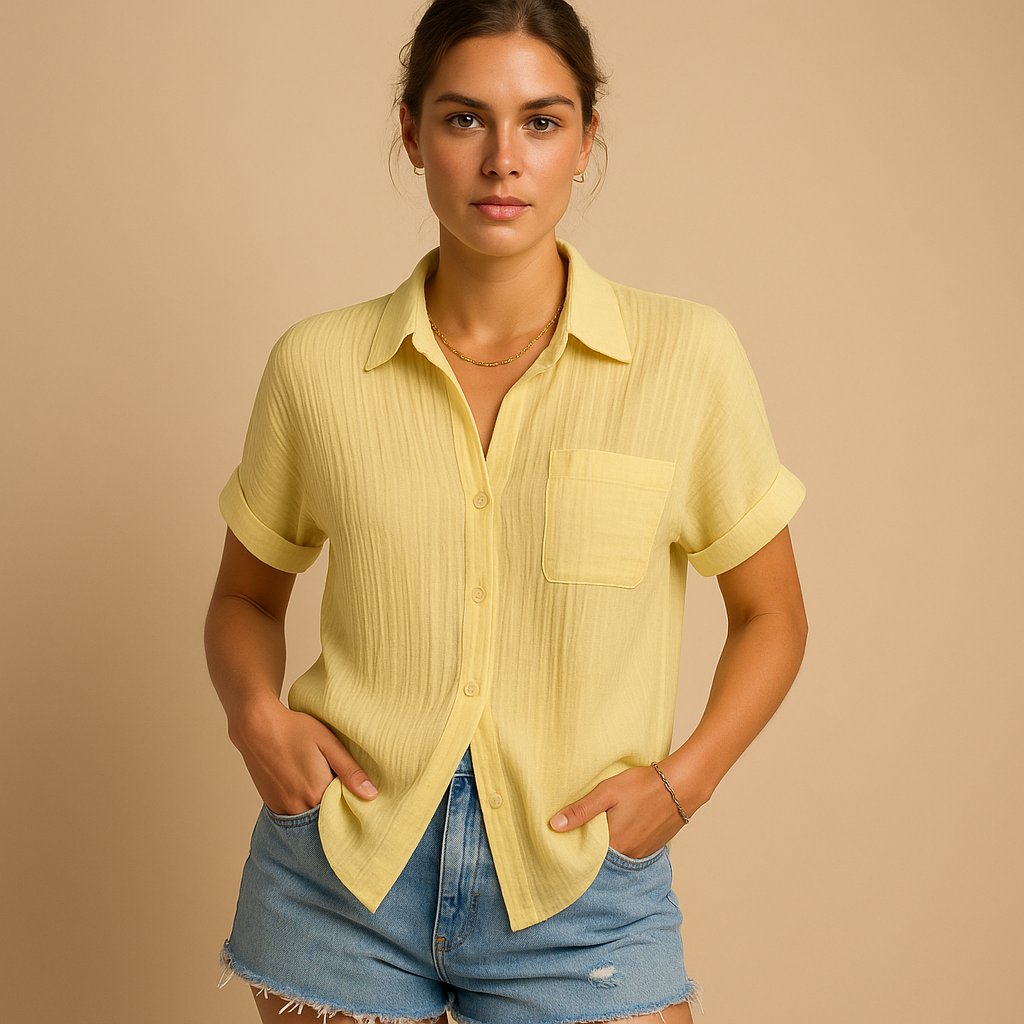 Crinkle-Textured Short Sleeve Button-Up Shirt