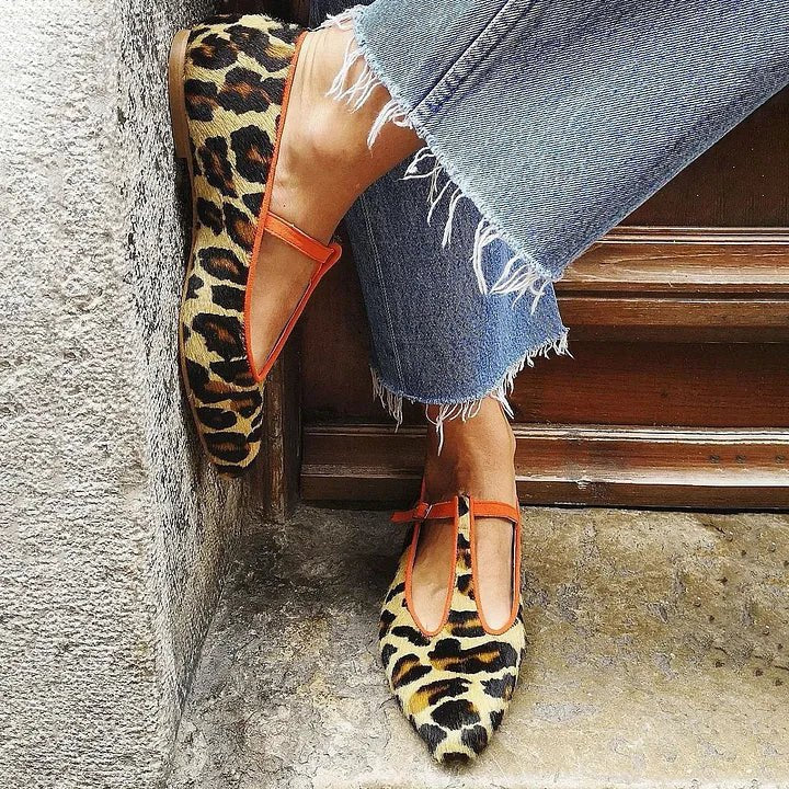 Linen-Look Leopard Print T-Bar Ballet Flats