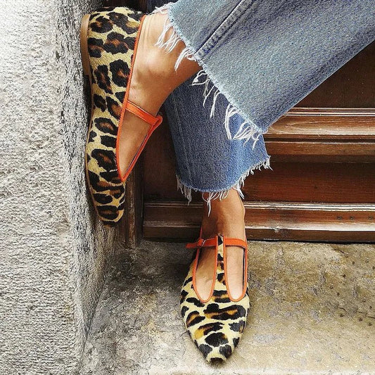 Linen-Look Leopard Print T-Bar Ballet Flats