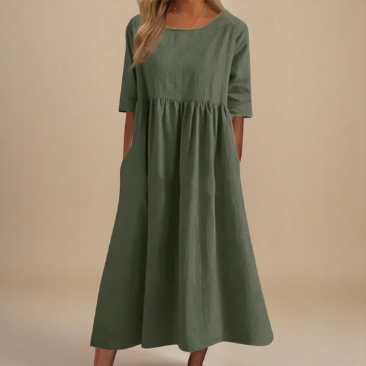 Linen Half-Sleeve Empire Midi Dress