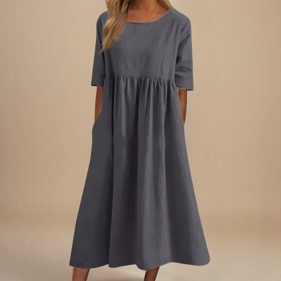 Linen Half-Sleeve Empire Midi Dress