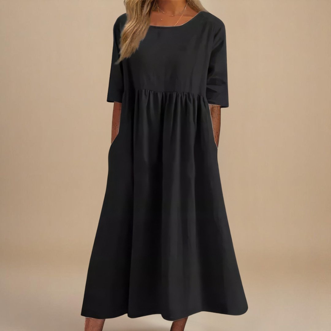 Linen Half-Sleeve Empire Midi Dress
