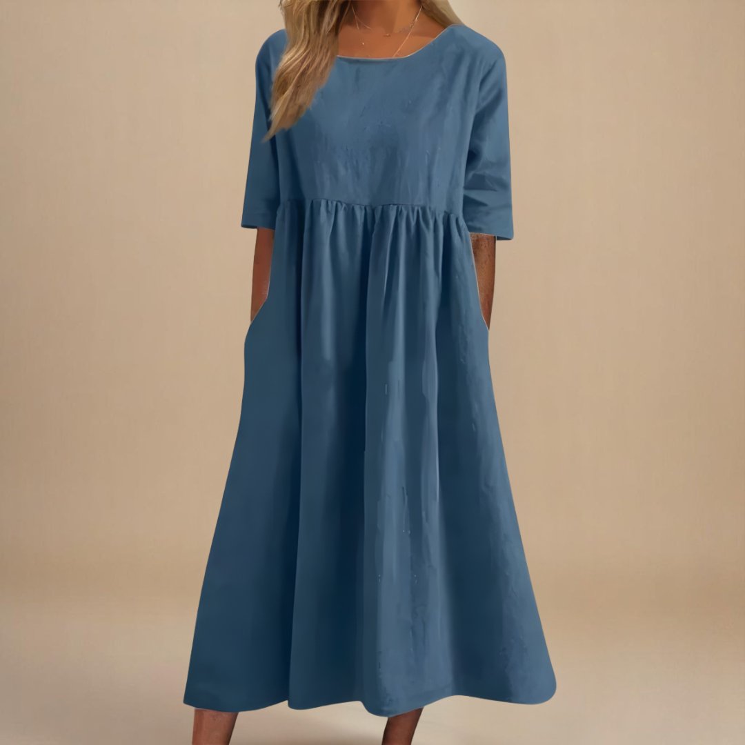 Linen Half-Sleeve Empire Midi Dress