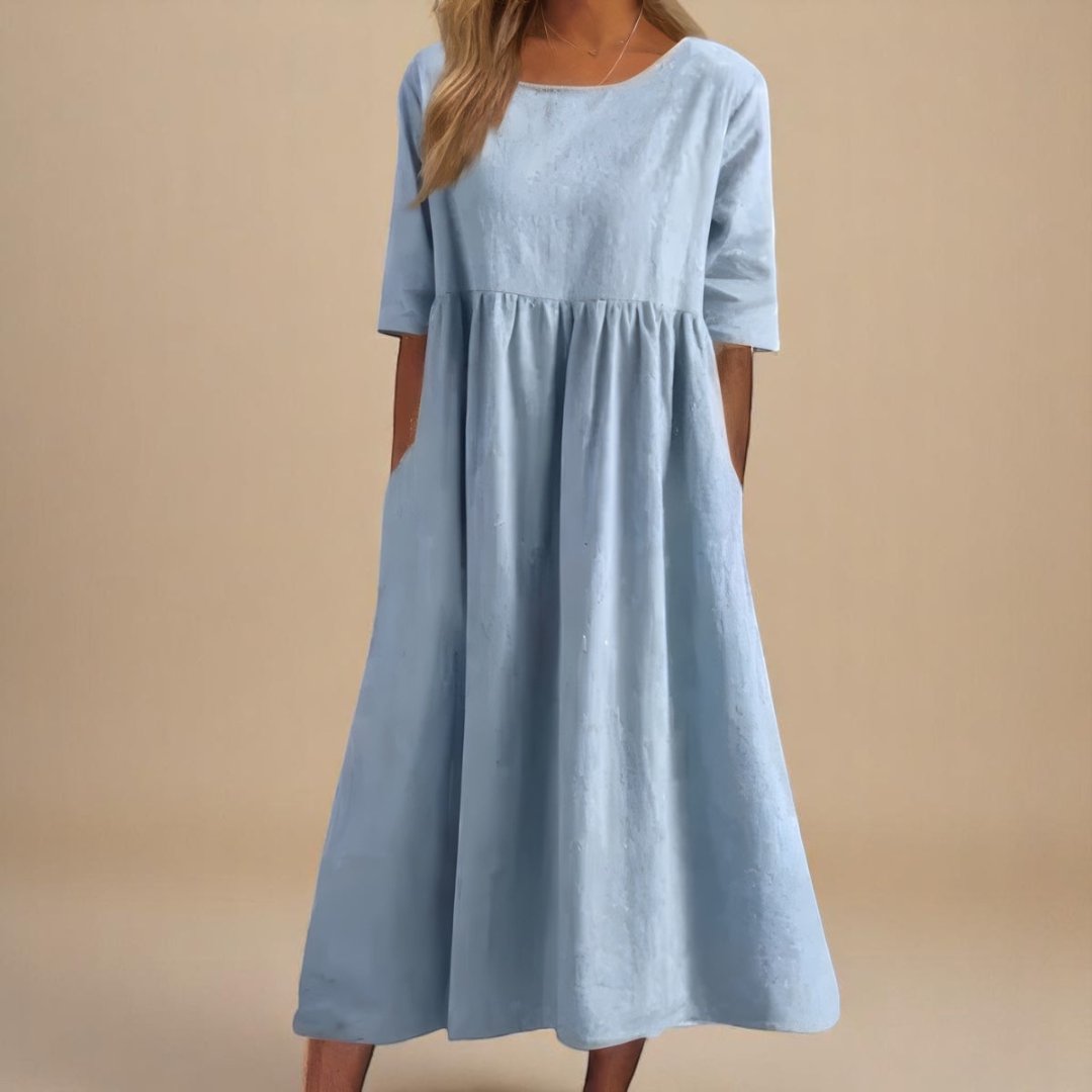 Linen Half-Sleeve Empire Midi Dress