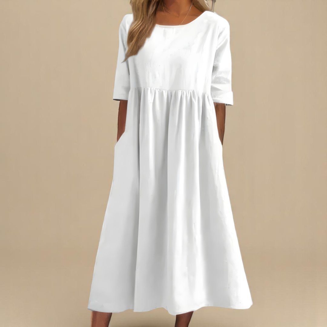 Linen Half-Sleeve Empire Midi Dress