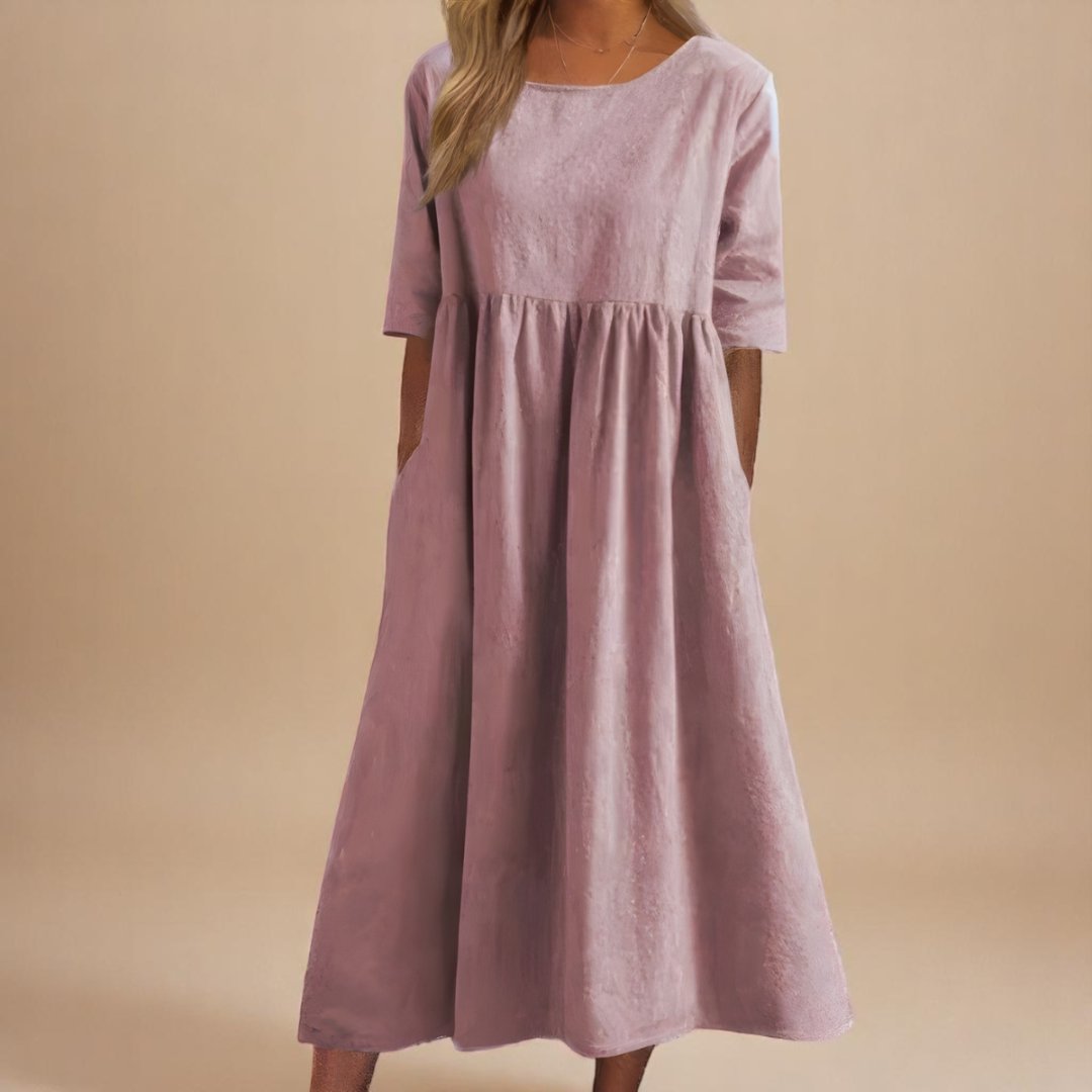 Linen Half-Sleeve Empire Midi Dress