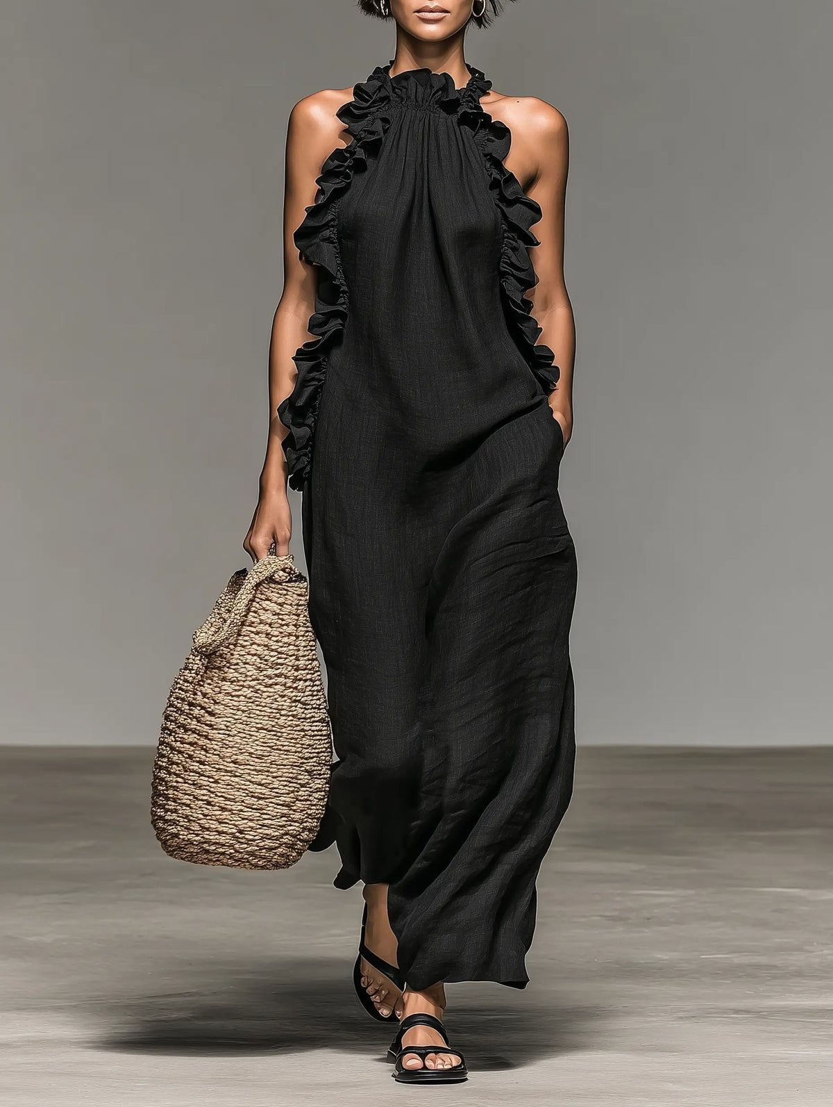 Ruffle-Trimmed Sleeveless Linen Maxi Dress