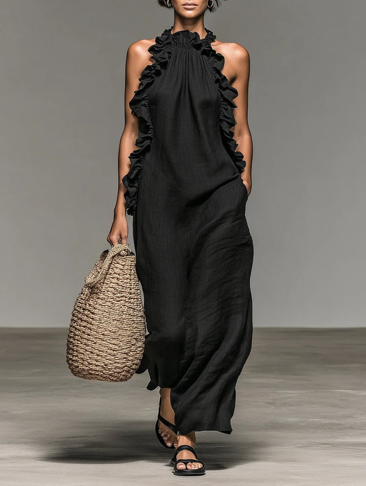 Ruffle-Trimmed Sleeveless Linen Maxi Dress