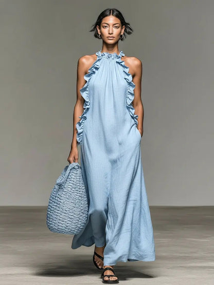Ruffle-Trimmed Sleeveless Linen Maxi Dress