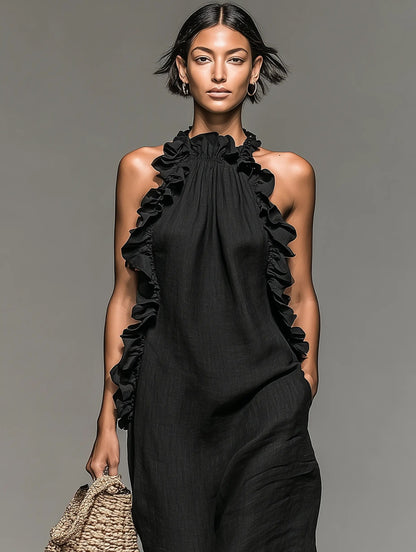 Ruffle-Trimmed Sleeveless Linen Maxi Dress