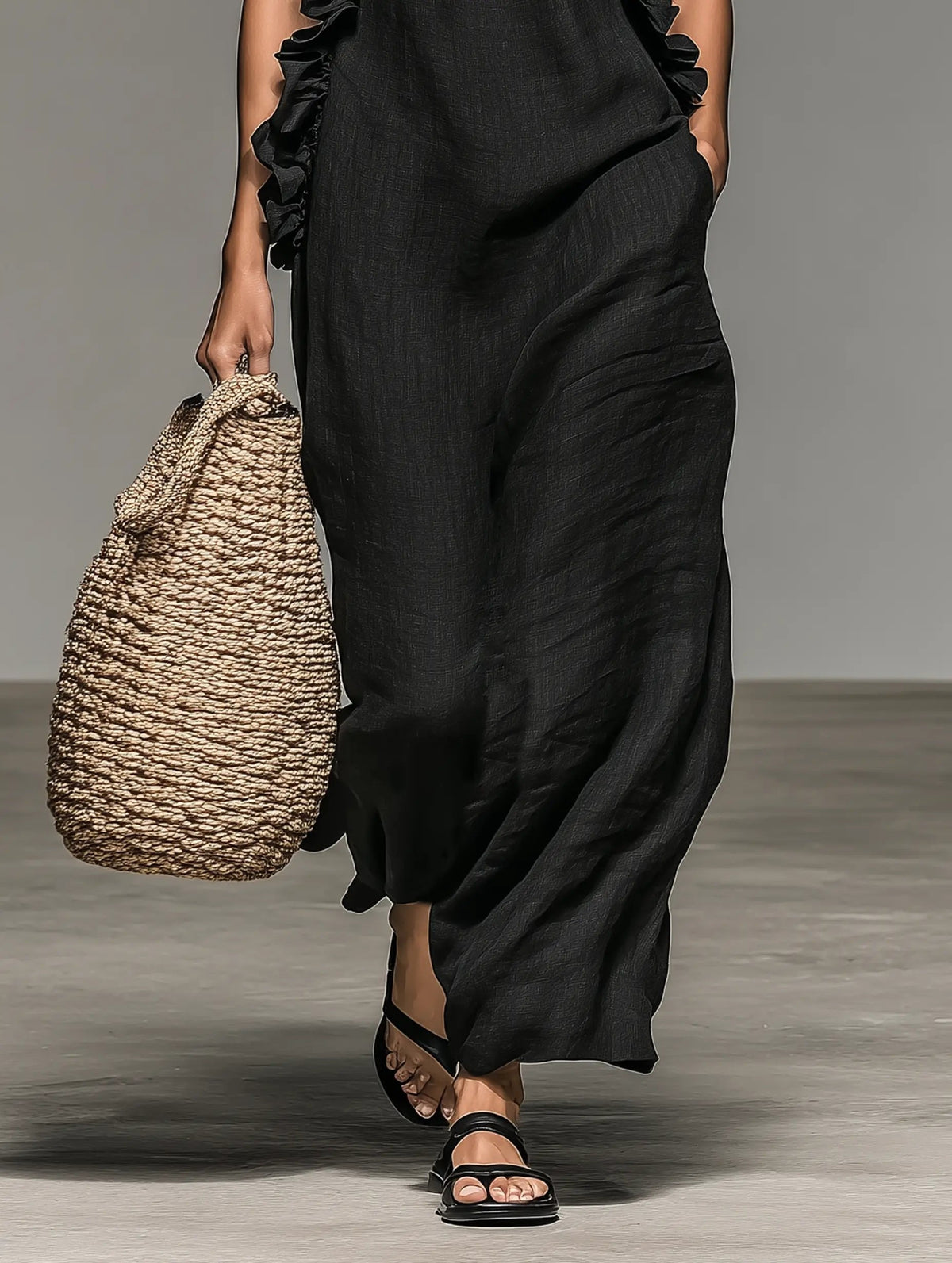 Ruffle-Trimmed Sleeveless Linen Maxi Dress