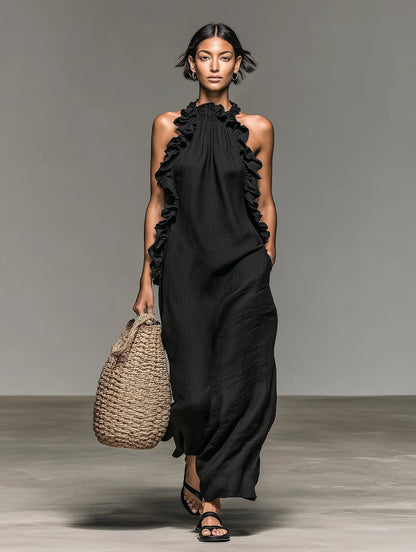 Ruffle-Trimmed Sleeveless Linen Maxi Dress