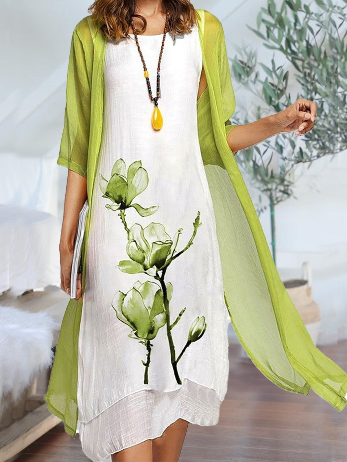 Linen Blend Sleeveless Midi Dress & Sheer Overcoat Set