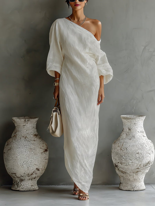 Asymmetric One-Shoulder Cotton-Linen Maxi Dress