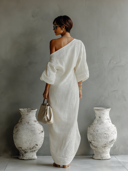 Asymmetric One-Shoulder Cotton-Linen Maxi Dress