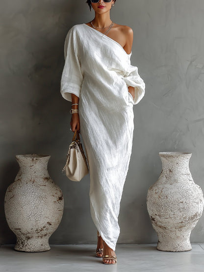 Asymmetric One-Shoulder Cotton-Linen Maxi Dress