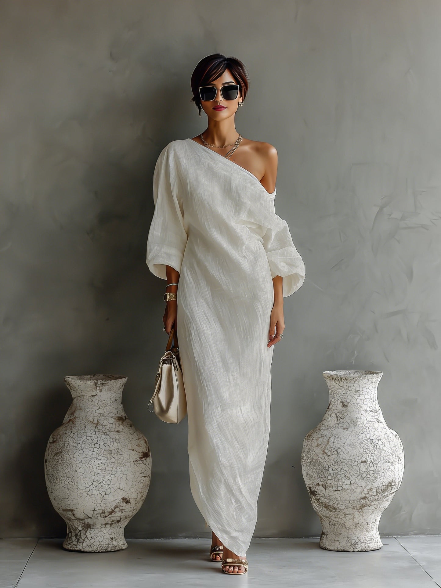 Asymmetric One-Shoulder Cotton-Linen Maxi Dress