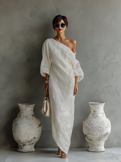 Asymmetric One-Shoulder Cotton-Linen Maxi Dress