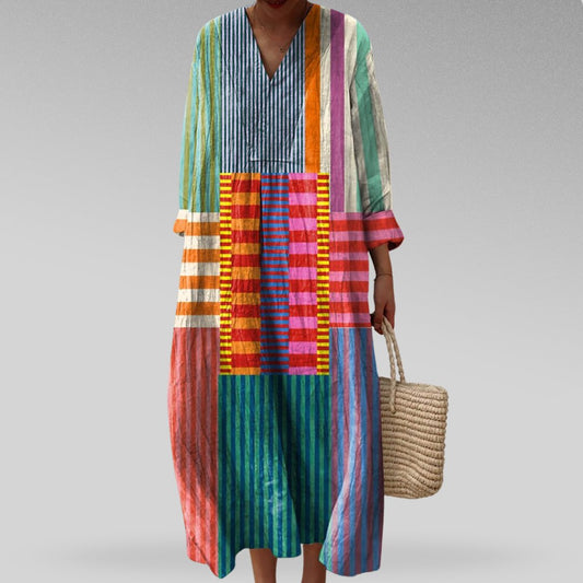 Women's Patchwork Stripe Linen Maxi Dress