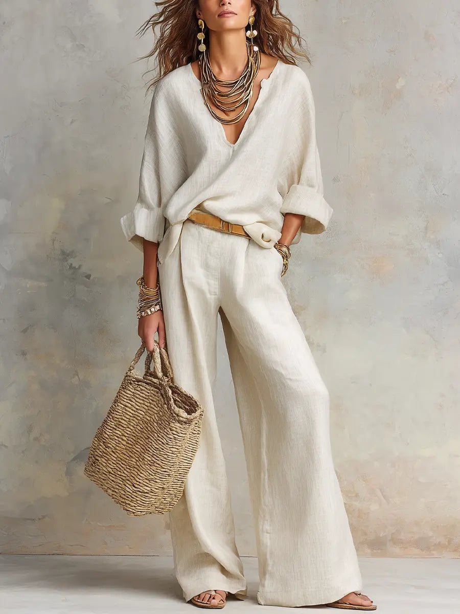Relaxed V-Neck Top and Wide-Leg Trousers Linen Set