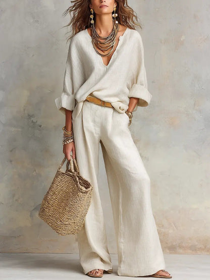 Relaxed V-Neck Top and Wide-Leg Trousers Linen Set