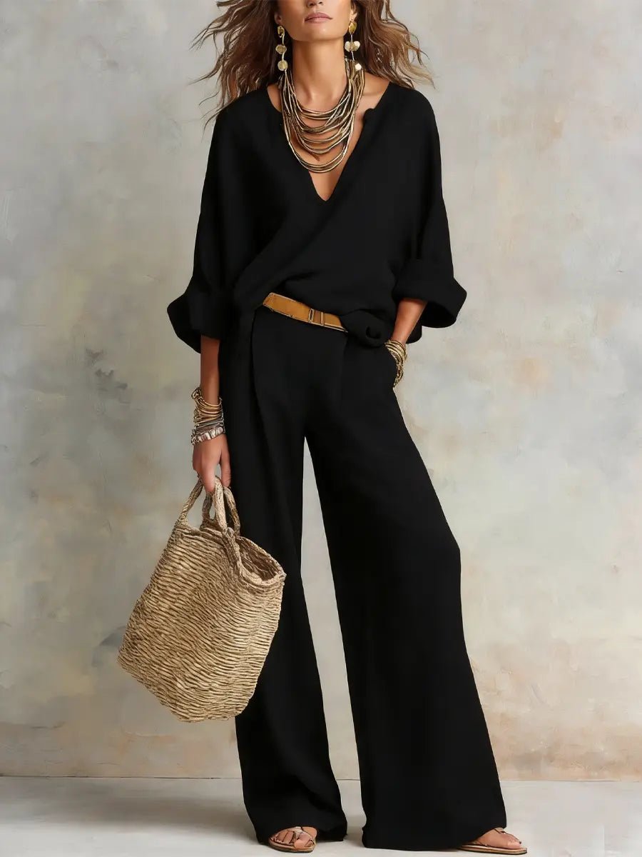 Relaxed V-Neck Top and Wide-Leg Trousers Linen Set