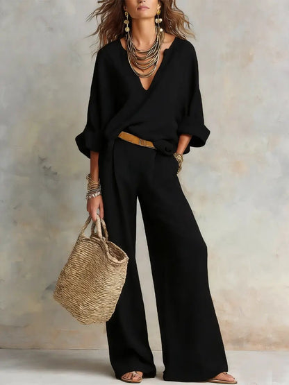 Relaxed V-Neck Top and Wide-Leg Trousers Linen Set