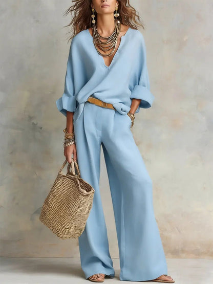 Relaxed V-Neck Top and Wide-Leg Trousers Linen Set