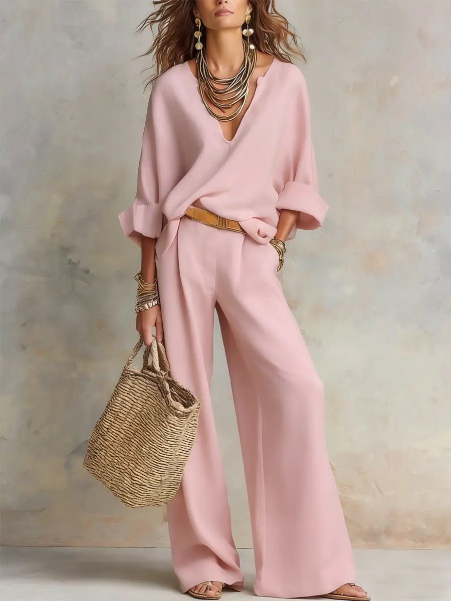 Relaxed V-Neck Top and Wide-Leg Trousers Linen Set