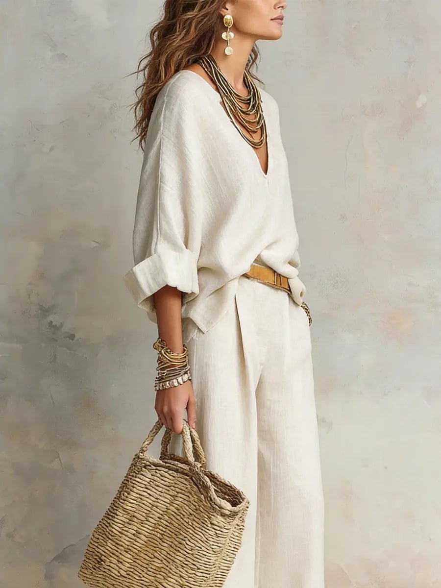 Relaxed V-Neck Top and Wide-Leg Trousers Linen Set