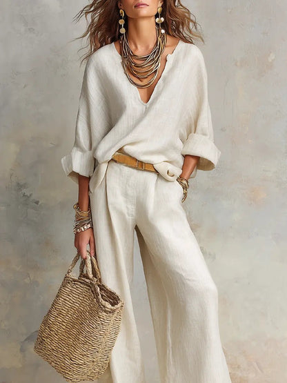 Relaxed V-Neck Top and Wide-Leg Trousers Linen Set