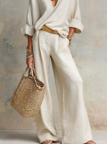 Relaxed V-Neck Top and Wide-Leg Trousers Linen Set