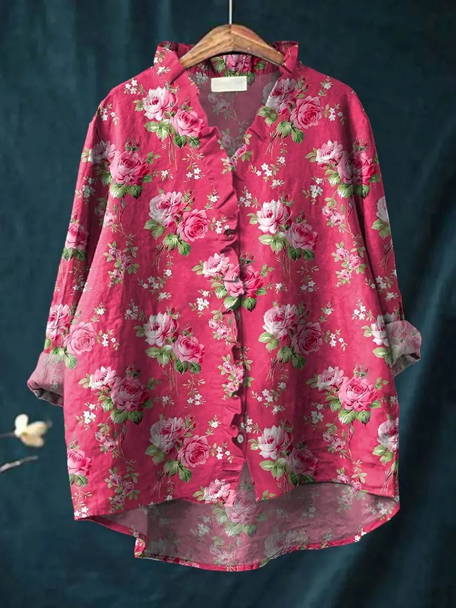 Floral Linen-Cotton Ruffle-Trim Blouse