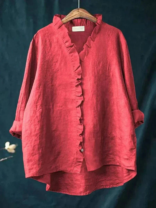 Women's Linen-Blend Frill Trim Blouse