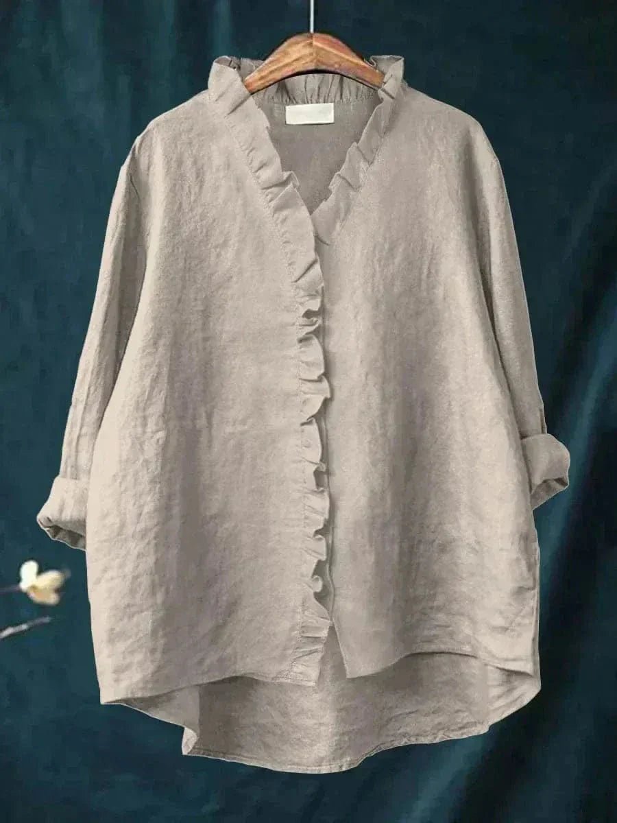 Women's Linen-Blend Frill Trim Blouse