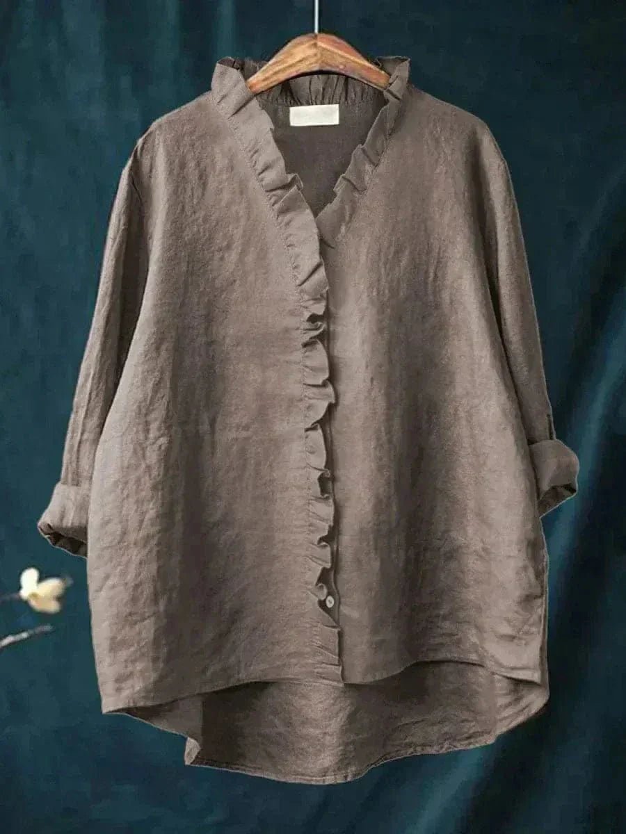 Women's Linen-Blend Frill Trim Blouse
