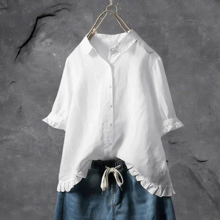 Women's Ruffled Sleeve Linen Button-Up Shirt