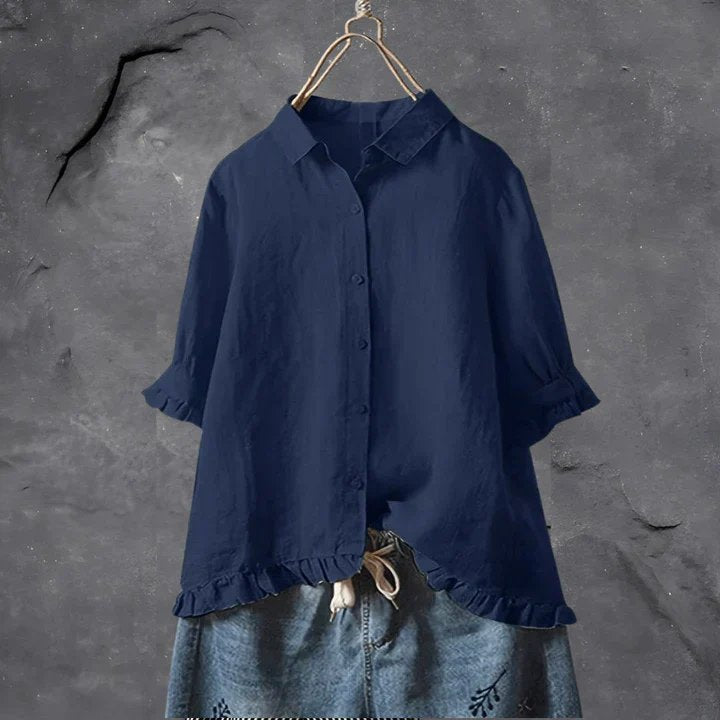 Women's Ruffled Sleeve Linen Button-Up Shirt