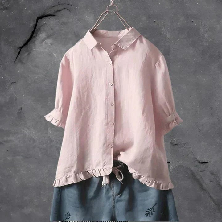 Women's Ruffled Sleeve Linen Button-Up Shirt