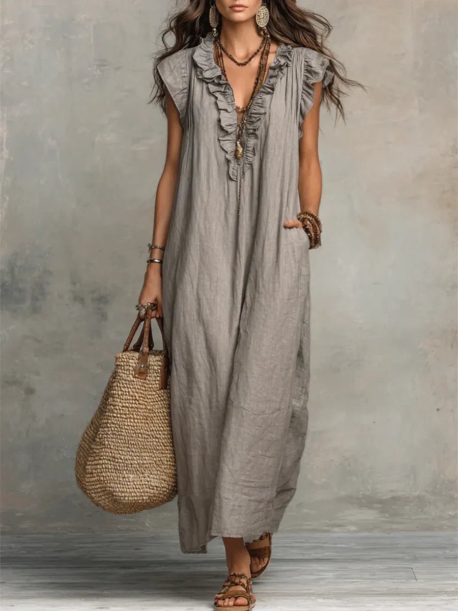 Tiered Linen V-Neck Maxi Dress with Frill Sleeves