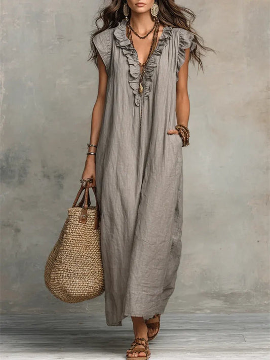 Tiered Linen V-Neck Maxi Dress with Frill Sleeves