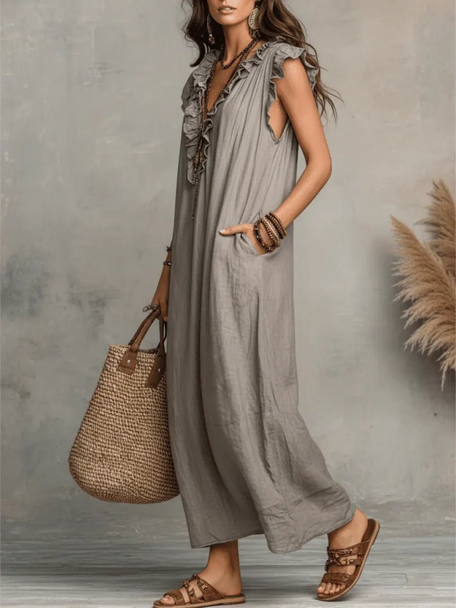 Tiered Linen V-Neck Maxi Dress with Frill Sleeves
