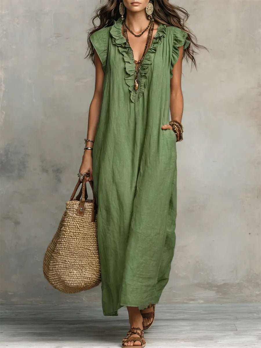 Tiered Linen V-Neck Maxi Dress with Frill Sleeves